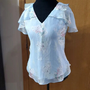 Lauren Ralph Lauren pale blue pink sheer floral ruffled top